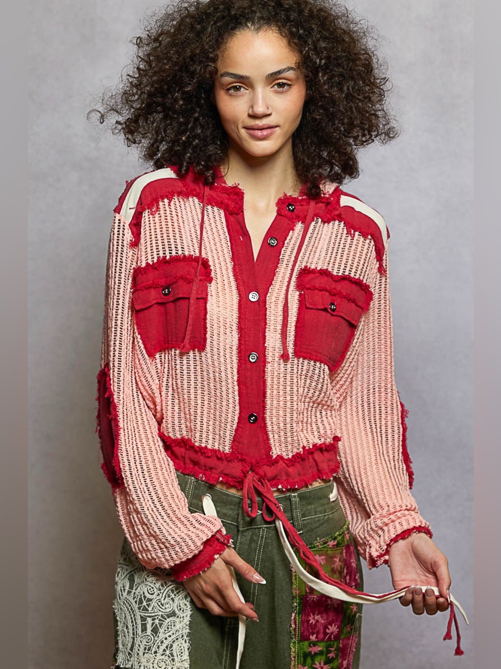 POL Texture Woven Button Down Hooded Shirt with Drawstring Hem